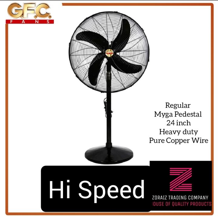 GFC Pedestal Fan Myga Black Color Pure Copper 24 Inch Energy efficient Electrical Steel Sheet and 99.9% Pure Copper Wire 3 speed options Brand Warranty