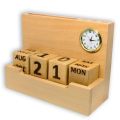 Wooden Table Calendar With Clock For Office & Home. 