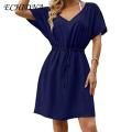 ECHIDNA women's elegant dress solid color Nude Color V Neck Waist Tight Above-knee Party Dress. 