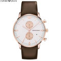 Emporio Armani Silver Dial Chronograph Brown Leather Strap Watch For Men AR-0398. 