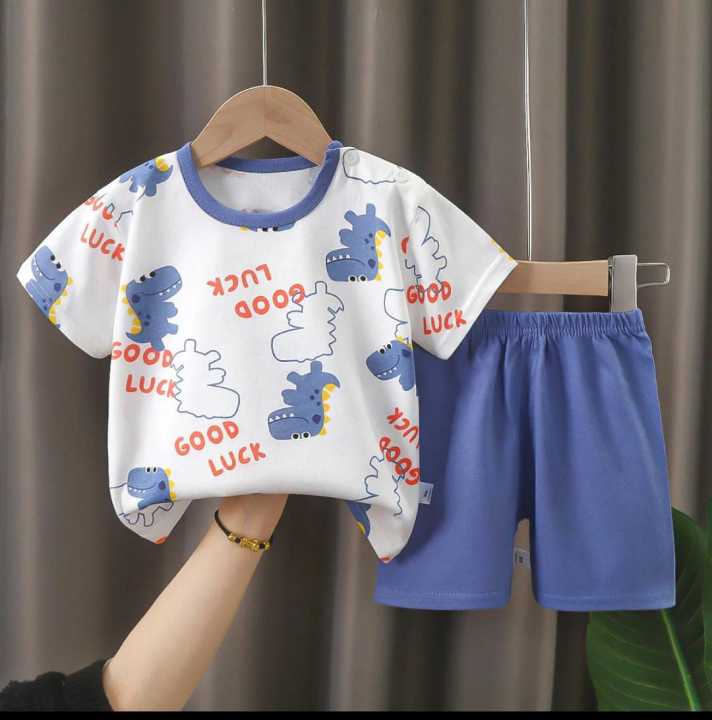 2-Piece Cotton Jersey Outfit for Boys – Printed Shirt & Shorts Set For Kids Summer Wear