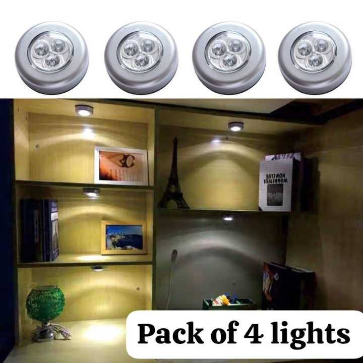 Mini LED Battery Powered Wireless Stick Tap Touch Lamp Stick-on Push Light Wall Staircase Rack Cabinet Kitchen Car ( Battery Not Included ) pack of 4