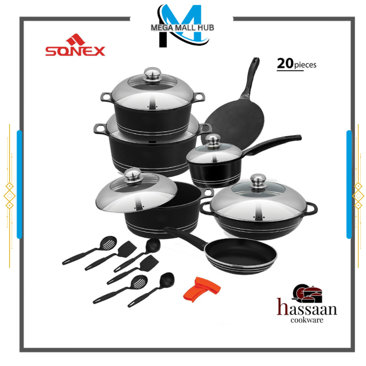 SONEX Itali Gift Pack Cookware Set with Steel Lid - 20 Pieces - PTF Non Stick Coating - Black