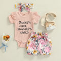 Infant Baby Girl 3 Pcs Outfit Sets, Letter Printed Ruffle Trim Short Sleeve Romper + Floral Print Shorts + Headband. 