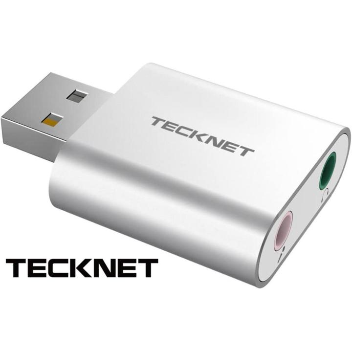 TECKNET USB Audio Adapter External Stereo Sound Adapter Aluminum with 3.5mm Speaker/Headphone and Microphone Jacks For Windows and Mac, Plug and Play, No drivers Needed