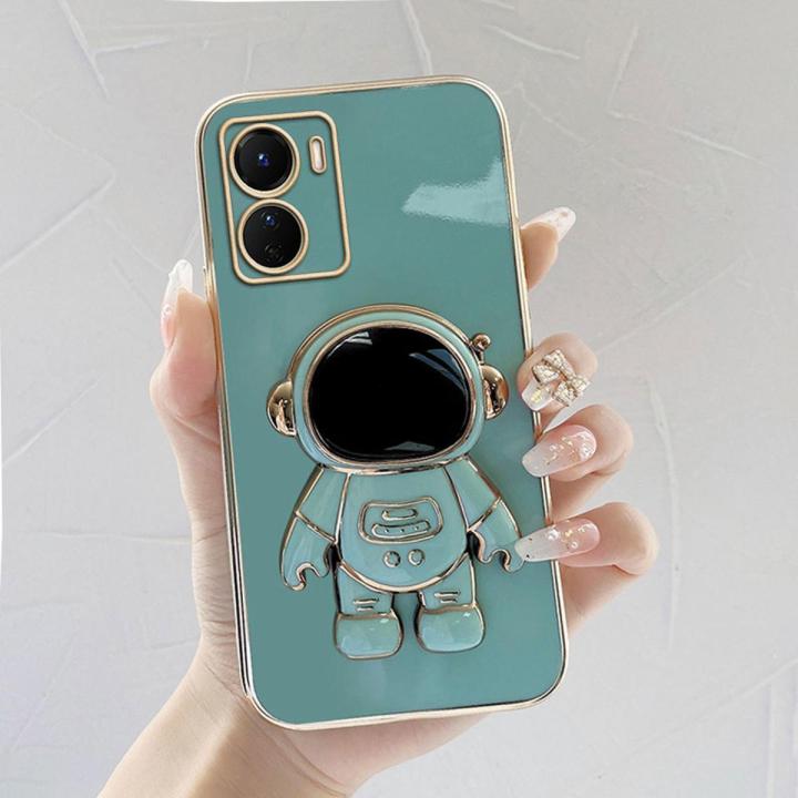 For Vivo Y16 Cartoon Astronaut Folding Bracket Design Luxury Plating Soft Phone Case