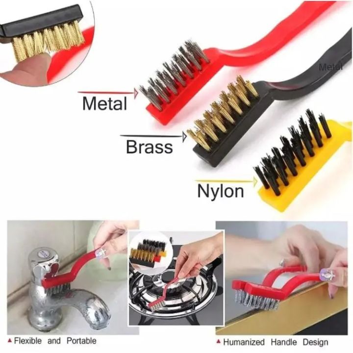 3Pcs Wire Brush Set, Nylon/Brass/Stainless Steel Brush with Curved Handle Grip, Cleaning Brush, Polishing Brush