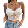 Women Tummy Control Tops, Lace Spaghetti Strap Low-Cut Sleeveless Crop Tops for Ladies, XS/S/M/L, White/Black. 