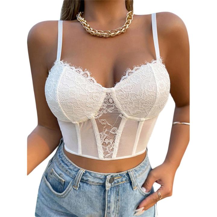 Women Tummy Control Tops, Lace Spaghetti Strap Low-Cut Sleeveless Crop Tops for Ladies, XS/S/M/L, White/Black