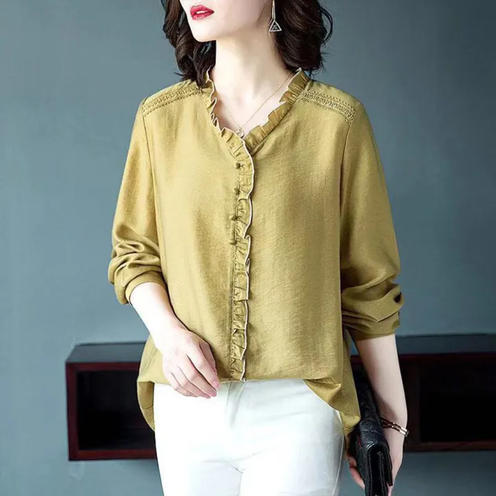 Women%20Shirt%20Comfortable%20Linen%20Cotton%20Solid%20Color%20Pleated%20Lace%20Stylish%20V-neck%20Long-sleeved%20Simple%20Loose%20Pullover%20Bottoming%20Shirt%20-%20Image%205