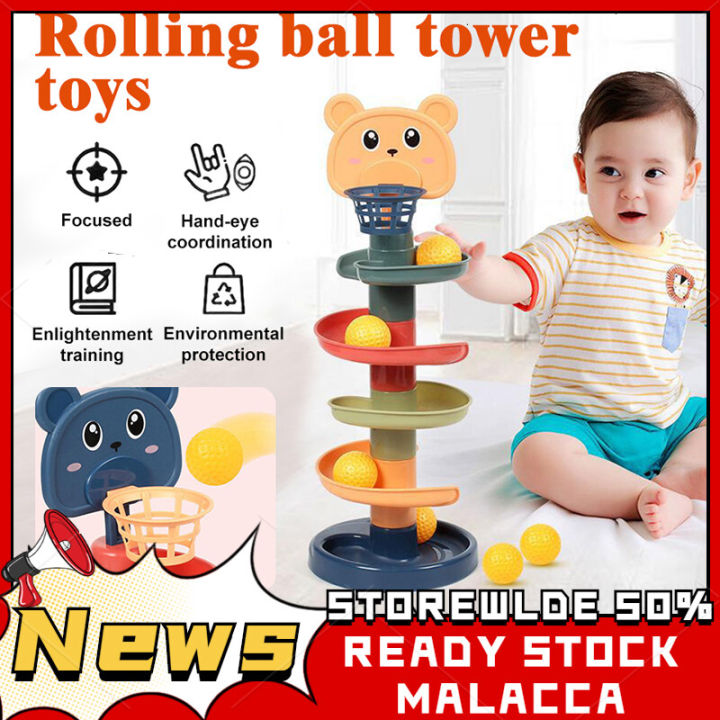 Baby Rolling Ball Pile Tower Rotating Stacking Toy For Kids Early Educational Montensori Toy Mainan Menara Bola Kanak-kanak