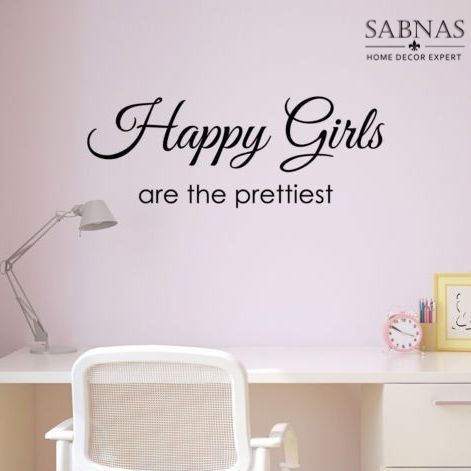 Sabnas Happy Girls Are Prettiest Wall Decal Sticker Vinyl 2 X 0.6 Feet Wall Decor Stickers For Girl Room Kids Baby Girl Room girls Gym Black Color