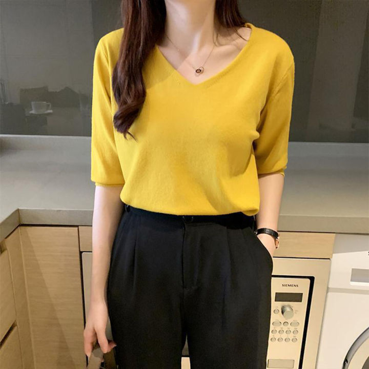 Women%20V%20Neck%20Blouse%20Casual%20Loose%20Half%20Sleeves%20Tops%20Fashion%20Solid%20Color%20Pullover%20Breathable%20T%20Shirt%20-%20Image%206
