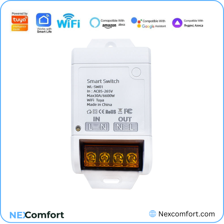 30A WiFi Smart Relay Switch – Heavy-Duty Remote Control Module for Geyser, Motor, AC, Oven & High-Power Appliances | Tuya SmartLife App & Voice Control with Alexa & Google Home | Durable, Energy-Saving, and Safe Automation for Home & Business