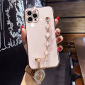 For iPhone 13 Pro Back Cover with Bracelet Wristband Luxury Clover Chain 6D Plating Frame Shiny Girls Cases Soft Silicone Square Protective Mobile Phone Case. 