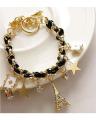 Multi Element Golden Chain Leather Rope Eiffel Tower Star Pendants Bracelet. 