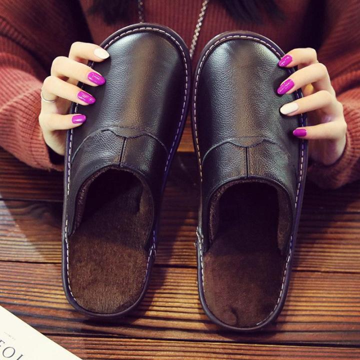 Synthetic Leather Autumn and Winter Household Slippers Home Indoor Thick Bottom Non-slip Warm Slippers For Men and Women