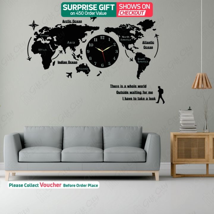 Gift City Presents 3D Wooden World Map Clock in Black - Stylish Wall Clock for Home & Offices