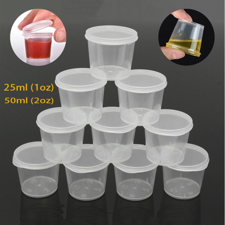 Disposable Plastic Takeaway Sauce Cups with Hinged Lids, 25ml and 50ml, Food Containers for Sauces and Snacks