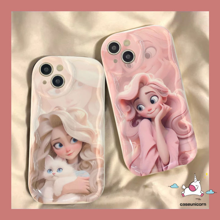 Fantasy Pretty Puss Doodle Case Compatible For IPhone 11 XR X 14 13 12 Pro Max 7 6 8 6s Plus XS Max SE 2020 Cartoon Princess 3D Wavy Curved Edge Shockproof Soft Cover