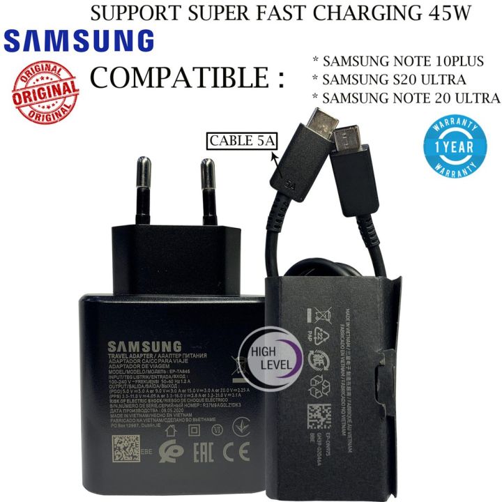 Official Samsung 25W 45w Super Fast Charge 2.0 Travel Charger 3 Pins With Type-C to Type-C Cable For Samsung Galaxy Note 10, Note 10 Plus / 5G, Note 10 Lite, S10 5G, S20, S20 Plus, S20 Ultra / 5G, S20 FE / 5G, Note 20, Note 20 Ultra, S215G, S22 Ultra 5G,