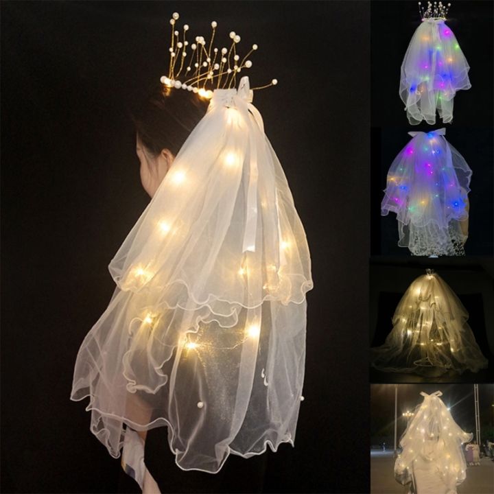 LED Light Bridal Wedding Veil with Pearls/Crowns Wedding Tiara Veil for Photoshop Props Party Headpieces Decor