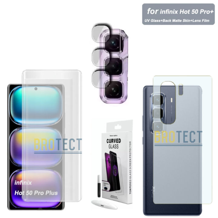 3 in 1 infinix Hot 50 Pro Plus UV Tempered Glass Liquid Glue Curved Edge to edge Screen Protector + Back Matte Protector Soft Skin Sheet Film + Camera Lens Film Protector Flexible 9H Gorilla Lens Glass For Hot50 Pro Plus - Transparent