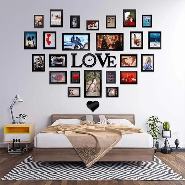 Love Wall Art with Photo Frames| Special Love Heart Photo Frames with Love Alphabet and Wall Clock|  Made By Wooden Sheet for Rooms And Offices