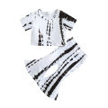 Girls Casual Two-piece Pants Suit, White Tie-dyed Print T-shirt and Bell Bottom Trousers, 1-6 Years. 