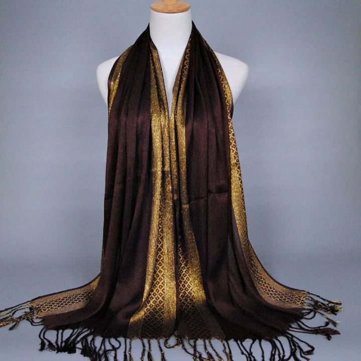 Fashion Golden Wire Tassel Shawl Checkered Hijab Scarf Color Contrast Party Style Long Shawl Women Shimmer Scarves Hijab