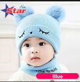 Baby Hat Scarf Set Eyes Embroidery Double pompom kid knitted Autumn Winter Neck Gaiter. 