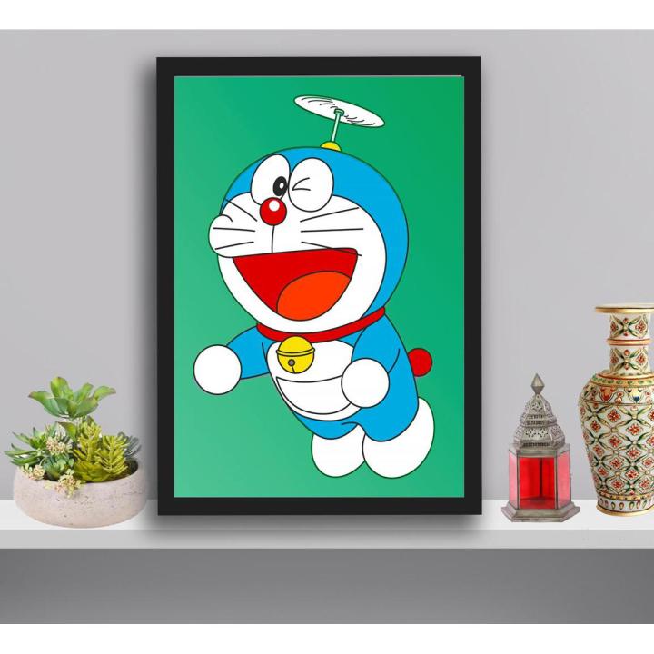 Doraemon cartoon Hanging Glass Photo Frame in Premium Glossy Photo Paper A4 8x12” size for Home Decor and Decoration Accessories