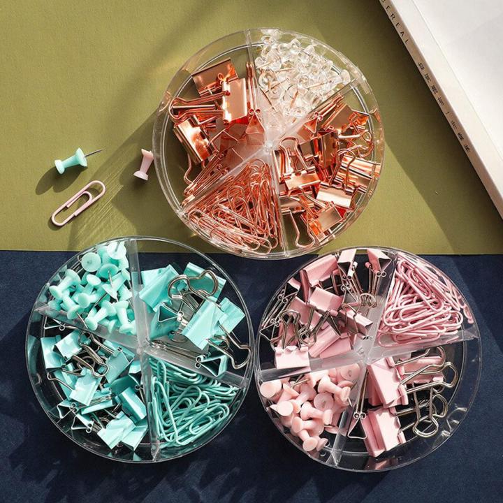 【NEW】 72Pcs Color Binder Clips Paper Clips Push Pin Set Rose Gold Push Pins Cute Stationery For Office Accessories School Supplies