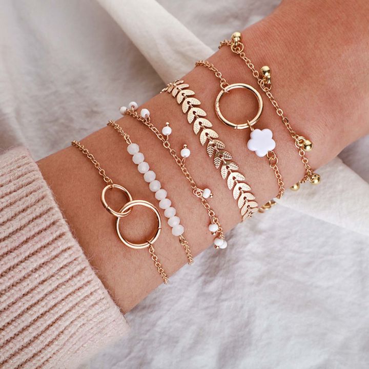 Super 6Pcs/set Boho Bracelet Set Women Tassels Leaves Circular Chains Bangle Jewelry