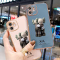 Hontinga for iPhone 12 Mini Back Cover（Free Lanyard）Luxury 6D Plating Cartoon Hug bear Side Pattern Case Soft Silicone Square Mobile Cover. 