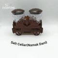 Set of Two Artisanal Wooden Namak Dani Salt and Pepper Set - Fancy 2-Piece Kitchenware, Handcrafted Eco-Friendly Salt Cellar and Pepper Shaker, Rustic Design with Natural Wood, Ideal for Chef and Stylish Kitchen Decor, Includes Stand, Durable and Unique. 