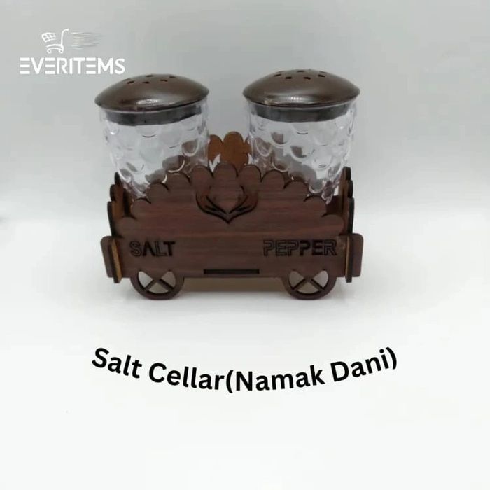 Set of Two Artisanal Wooden Namak Dani Salt and Pepper Set - Fancy 2-Piece Kitchenware, Handcrafted Eco-Friendly Salt Cellar and Pepper Shaker, Rustic Design with Natural Wood, Ideal for Chef and Stylish Kitchen Decor, Includes Stand, Durable and Unique