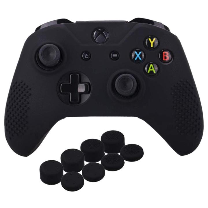 Studded Silicone Cover Skin Case for Microsoft Xbox One X & Xbox One S Controller x 1 with Pro Thumb Grips 8 Pieces(Black)