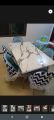 6 seater dinig set. 6 chair table and table top new designs uv marble textured top, customize colors theme available. 