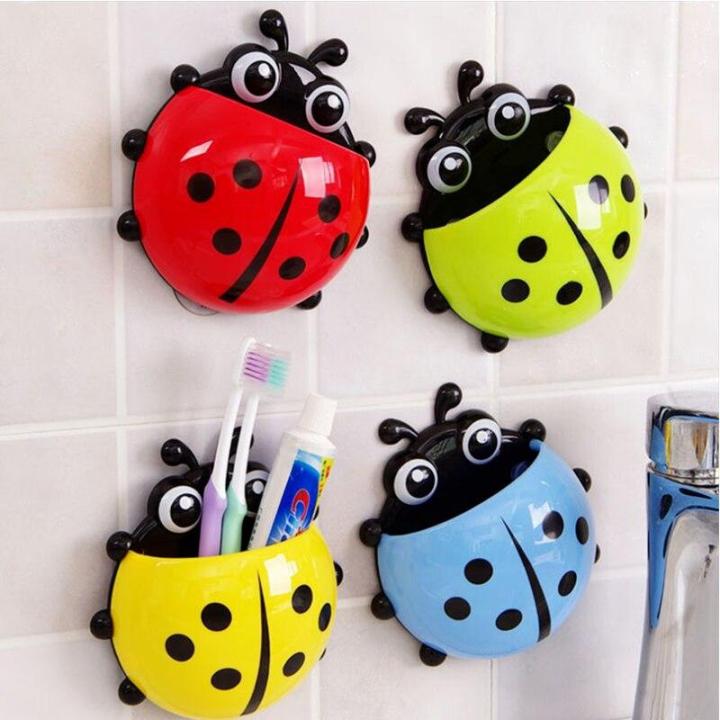 Creative Cute Cartoon Ladybug Kids Wall Suction Cup Mount Toothbrush Toothpaste Holder Pencil Pen Travel Storage Organizer