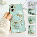 FELMYST Hello Kitty Holder Case For VIVO Y15s Fashion Cute Cat Mirror Brand Luxury Stand Mobile Phone Casing Square Girl Boy Men Gift Shockproof Back Soft Cover. 