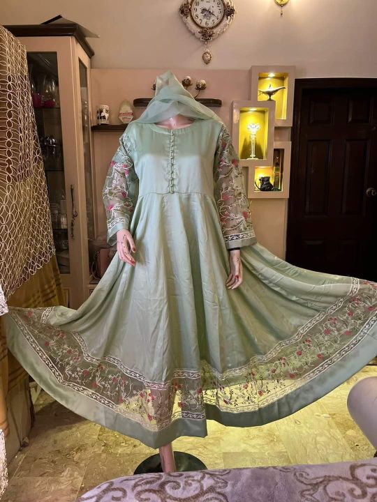 Fancy embroidery maxi 3 piece patches on full Ghera and Bazu stitched dress for girls