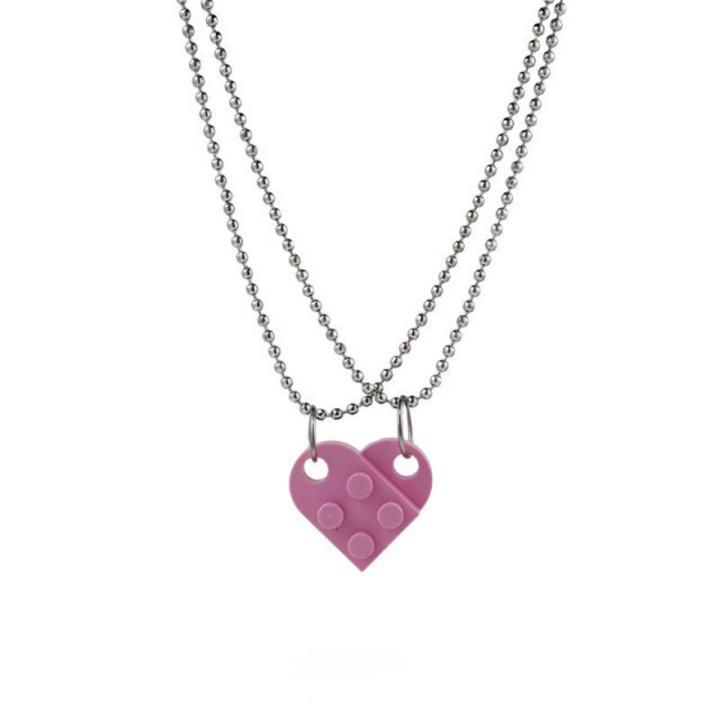 Two Piece Cute Brick Heart Pendant Necklace Design Lego Heart Necklace For Women Men Girl Boy Jewelry