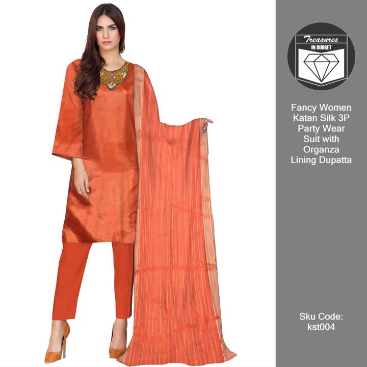 Fancy Women Katan Silk 3P Party Wear Suit with Organza Lining Dupatta