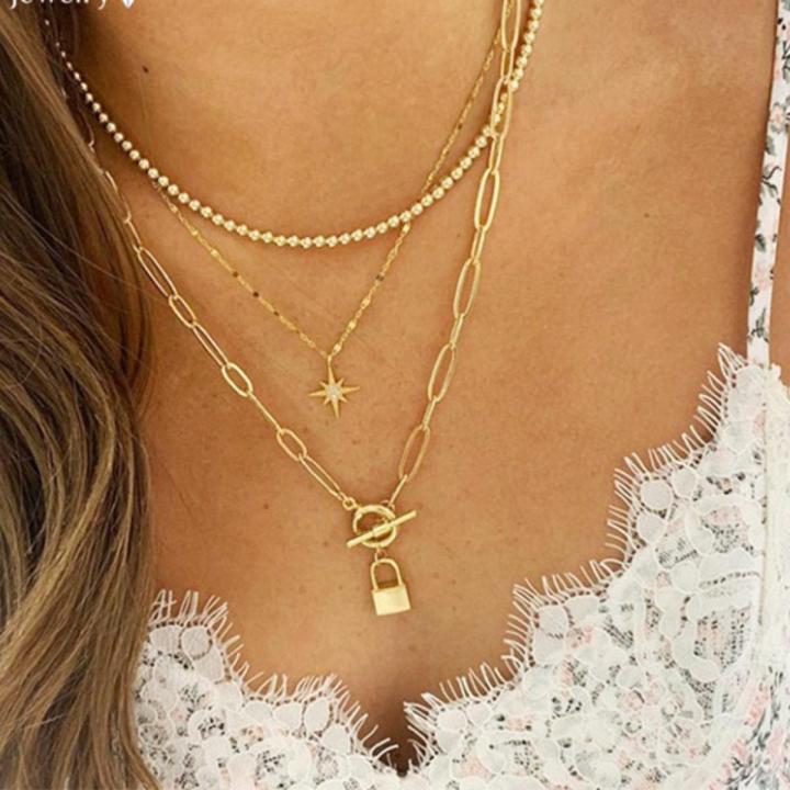Zovoli Punk Big Link Chain Necklaces Choker For Steampunk Multi Layered Star Lock Pendant Necklace Statement Jewelry
