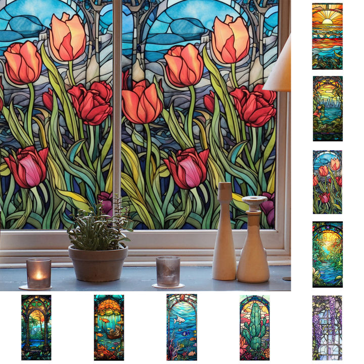 Window Sticker Colorful Vintage Glass Sticker for Home Decor Kitchen Bedroom Glass Door Easy to Apply Window Film less Than Colorful Pattern Window Sticker