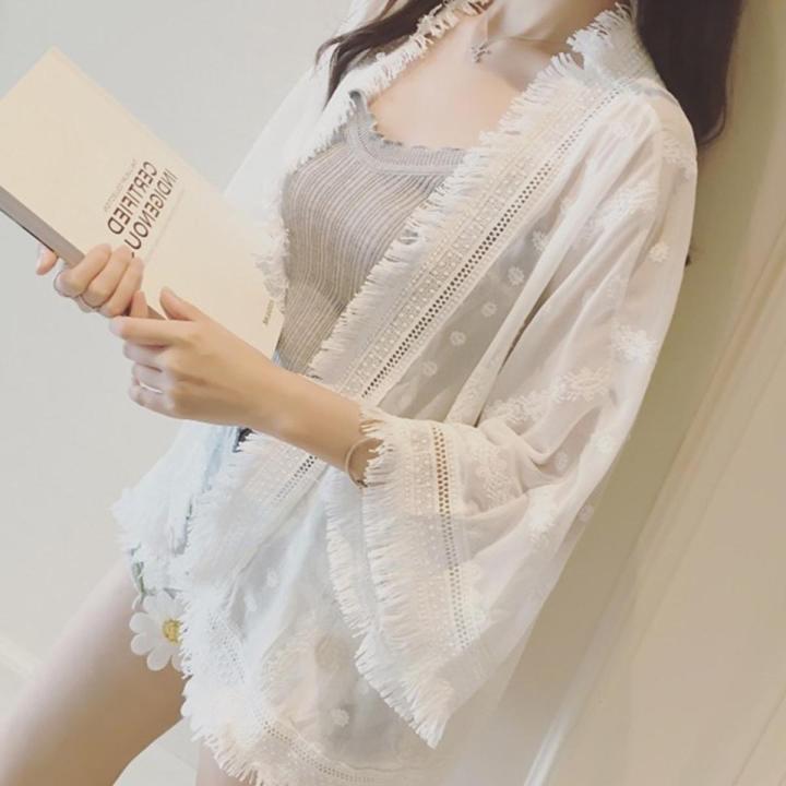 Yfashion Women Summer Loose assels Shawl Lace Splicing ffon Blouse