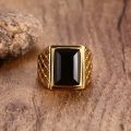 New Fashion Men's Large Black Zircon Seal Ring Gold Color Stainless Steel Men's Tribal Charm Jewelry Gifts for Boys. 