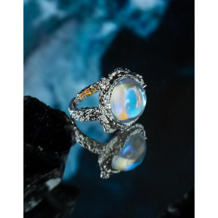 Tin foil texture moonstone fashion cold wind niche design ins high-end light luxury does not fade open ring women