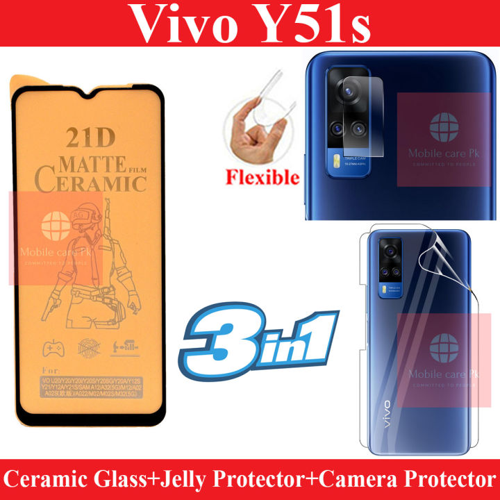 Vivo Y51s Front Matte Protector Pub G Glass + Back Protector Transparent Hydrogel Soft Film jell Protection + Back Rear Camera Protector 9H Gorilla Flexible Protection For Vivo Y51s